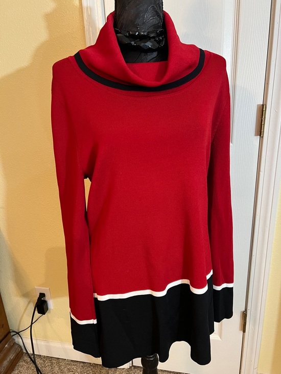 Notations Sweaters - Notations Red Cowl Neck Sweater with Black and White Trim